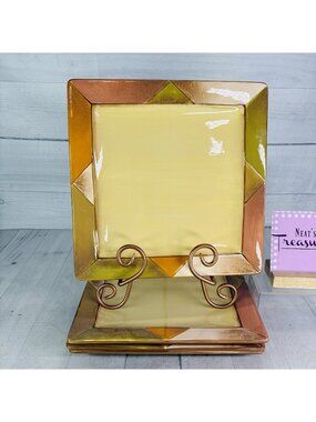 Clay Art DIAMONDS Stonelite Rust Tan Green White Square Dinner Plates Set of 4